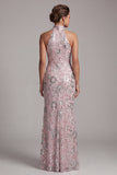 Light Pink Sheath Halter Sequins Long Mother of the Bride Dress with Side Slit