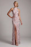 Light Pink Sheath Halter Sequins Long Mother of the Bride Dress with Side Slit