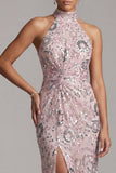 Light Pink Sheath Halter Sequins Long Mother of the Bride Dress with Side Slit