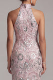 Light Pink Sheath Halter Sequins Long Mother of the Bride Dress with Side Slit