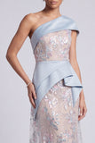 Light Blue Sheath One Shoulder Sequins Maxi Mother of the Bride Dress with Draping