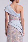 Light Blue Sheath One Shoulder Sequins Maxi Mother of the Bride Dress with Draping
