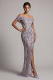 Lilac Sheath Off the Shoulder Sequins Side Slit Maxi Mother of the Bride Dress