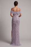Lilac Sheath Off the Shoulder Sequins Side Slit Maxi Mother of the Bride Dress