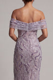 Lilac Sheath Off the Shoulder Sequins Side Slit Maxi Mother of the Bride Dress