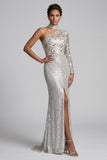 Grey Sheath One Shoulder Sequins Maxi Mother of the Bride Dress with Side Slit