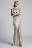 Grey Sheath One Shoulder Sequins Maxi Mother of the Bride Dress with Side Slit
