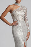 Grey Sheath One Shoulder Sequins Maxi Mother of the Bride Dress with Side Slit