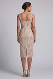 Champagne Sheath Square Neck Ruched Sequins Mother of the Bride Dress with Embroidery