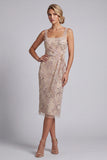 Champagne Sheath Square Neck Ruched Sequins Mother of the Bride Dress with Embroidery