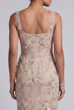Champagne Sheath Square Neck Ruched Sequins Mother of the Bride Dress with Embroidery
