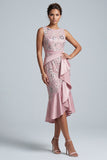 Light Pink Sheath Round Neck Ruffled Midi Mother of the Bride Dress with Sequins