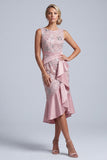 Light Pink Sheath Round Neck Ruffled Midi Mother of the Bride Dress with Sequins