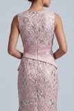 Light Pink Sheath Round Neck Ruffled Midi Mother of the Bride Dress with Sequins