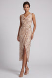 Champagne Sheath Cowl Neck Ruched Midi Mother of the Bride Dress with Side Slit