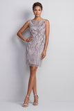Lilac Sheath Bateau Neck Beaded Short Mother of the Bride Dress