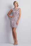 Lilac Sheath Bateau Neck Beaded Short Mother of the Bride Dress