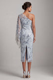 Light Blue Sheath One Shoulder Embroidered Midi Mother of the Bride Dress with Fringes