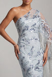 Light Blue Sheath One Shoulder Embroidered Midi Mother of the Bride Dress with Fringes