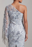 Light Blue Sheath One Shoulder Embroidered Midi Mother of the Bride Dress with Fringes