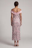 Light Pink Sheath Off the Shoulder Sequins Tea-Length Mother of the Bride Dress with Draping