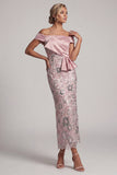 Light Pink Sheath Off the Shoulder Sequins Tea-Length Mother of the Bride Dress with Draping