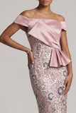Light Pink Sheath Off the Shoulder Sequins Tea-Length Mother of the Bride Dress with Draping