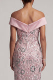 Light Pink Sheath Off the Shoulder Sequins Tea-Length Mother of the Bride Dress with Draping
