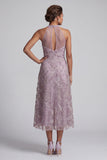 Lilac A-Line Halter Embroidered Midi Mother of the Bride Dress