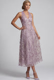 Lilac A-Line Halter Embroidered Midi Mother of the Bride Dress