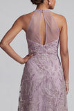 Lilac A-Line Halter Embroidered Midi Mother of the Bride Dress
