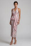 Light Pink Sheath Halter Draping Midi Mother of the Bride Dress with Beading