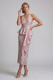 Light Pink Sheath Halter Draping Midi Mother of the Bride Dress with Beading