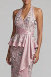 Light Pink Sheath Halter Draping Midi Mother of the Bride Dress with Beading