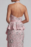Light Pink Sheath Halter Draping Midi Mother of the Bride Dress with Beading