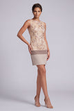 Champagne Sheath Round Neck Short Mother of the Bride Dress with Appliques