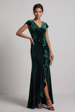 Dark Green Cap Sleeves Beaded Asymmetrical Mermaid Mother of the Bride Dress with Ruffle Slit
