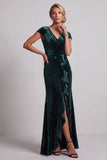 Dark Green Cap Sleeves Beaded Asymmetrical Mermaid Mother of the Bride Dress with Ruffle Slit