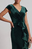 Dark Green Cap Sleeves Beaded Asymmetrical Mermaid Mother of the Bride Dress with Ruffle Slit
