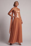 Bronzer Sequins Chiffon Strapless Beaded Ankle Length Mother of the Bride Dress with Draping