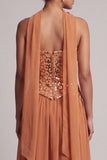 Bronzer Sequins Chiffon Strapless Beaded Ankle Length Mother of the Bride Dress with Draping