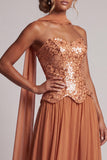Bronzer Sequins Chiffon Strapless Beaded Ankle Length Mother of the Bride Dress with Draping