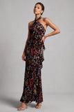 Black Halter Neck Velvet Floral Long Sheath Mother of the Bride Dress with Side Ruffle