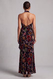 Black Halter Neck Velvet Floral Long Sheath Mother of the Bride Dress with Side Ruffle