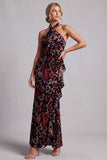 Black Halter Neck Velvet Floral Long Sheath Mother of the Bride Dress with Side Ruffle