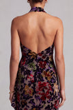 Black Halter Neck Velvet Floral Long Sheath Mother of the Bride Dress with Side Ruffle