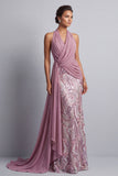 Wisteria Chiffon Halter Neck Sequins Ruched Mermaid Sweep Train Mother of the Bride Dress with Draping
