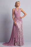 Wisteria Chiffon Halter Neck Sequins Ruched Mermaid Sweep Train Mother of the Bride Dress with Draping
