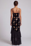 Black Velvet Floral Embroidery Sequins Asymmetrical A-Line Mother of the Bride Dress with Ruffle Slit