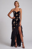 Black Velvet Floral Embroidery Sequins Asymmetrical A-Line Mother of the Bride Dress with Ruffle Slit